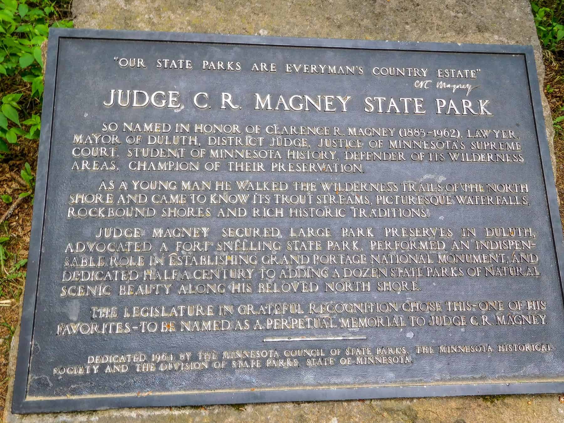 Judge CR Magney State Park park information plaque